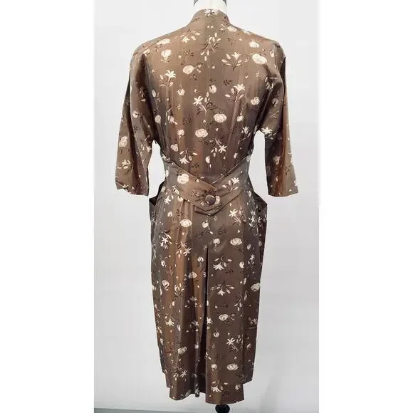 Vintage 40s 50s Floral Satin Sheath Dress V Neck Pockets Cinched Waist Brown 10 - Picture 7 of 12